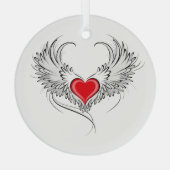 翼を持つ赤い天使ハート ガラスオーナメント (裏面)