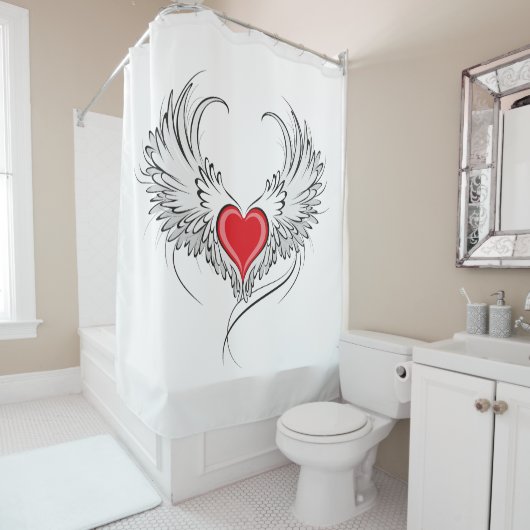 翼を持つ赤い天使ハート シャワーカーテン (インサイチュ)
