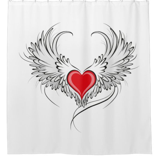 翼を持つ赤い天使ハート シャワーカーテン (正面)