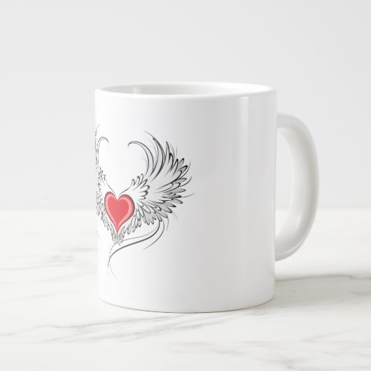 翼を持つ赤い天使ハート ジャンボコーヒーマグカップ (正面右)