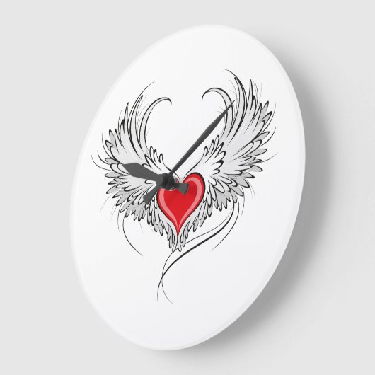 翼を持つ赤い天使ハート ラージ壁時計 (傾斜)