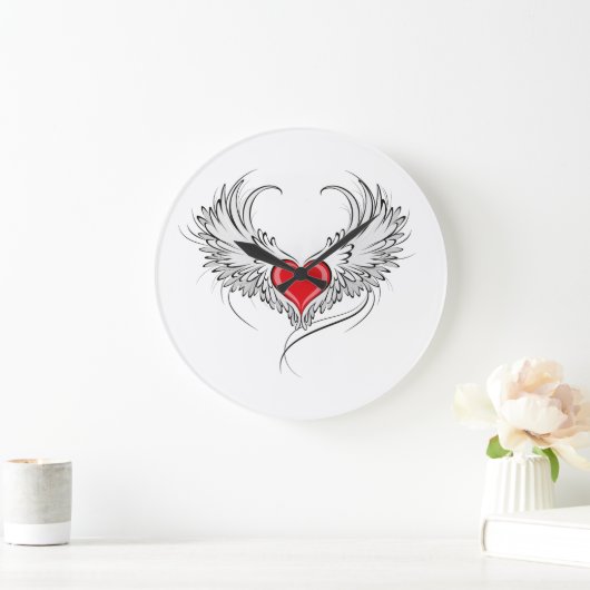 翼を持つ赤い天使ハート ラージ壁時計 (ホーム)