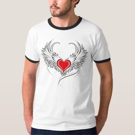翼を持つ赤い天使ハート Tシャツ (正面)