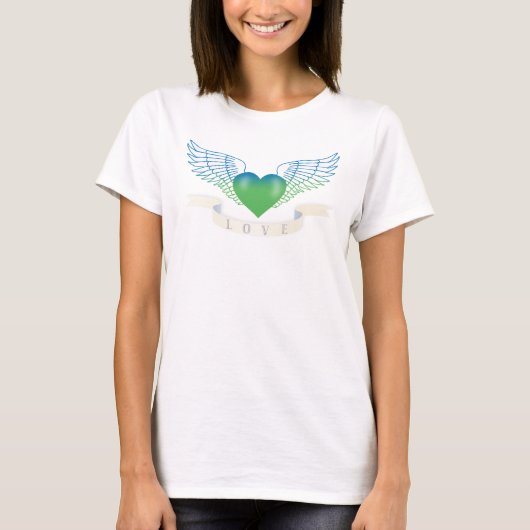 翼を持つLOVEハートが飛ぶ Tシャツ (正面)