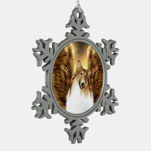 翼コリーエンジェルポートレートオン金ゴールド スノーフレークピューターオーナメント (左)