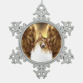 翼コリーエンジェルポートレートオン金ゴールド スノーフレークピューターオーナメント (正面)