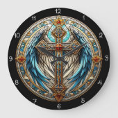 翼付きステンドグラス十字 ラージ壁時計 (正面)