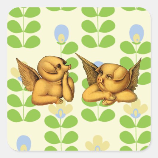 翼飛んでいる付きエンジェル豚ファンタジー動物アート スクエアシール (正面)