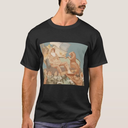 老いた船乗りと燃える船の海のイラスト Tシャツ (正面)