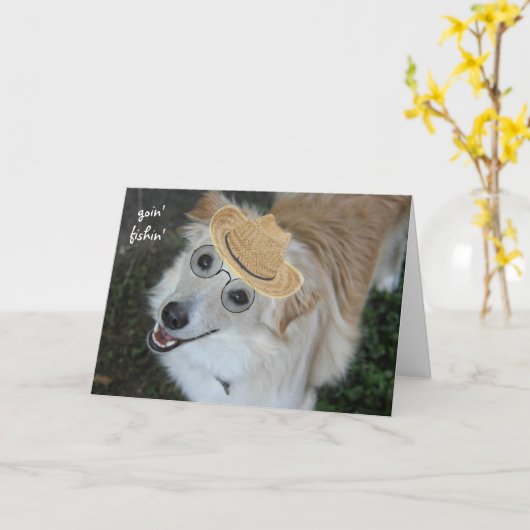 老おもしろい後、犬用眼鏡、魚釣り帽 カード (黄色い花)