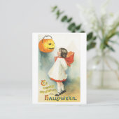 老ファッションドハロウィーン、ガール&ジャック・o・ランタン ポストカード (スタンド正面)