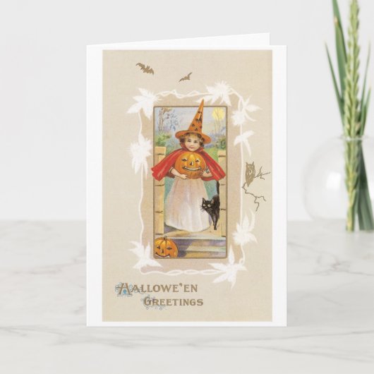 老ファッションドハロウィーン、魔女の子 カード (正面)