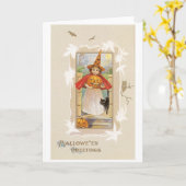 老ファッションドハロウィーン、魔女の子 カード (黄色い花)