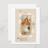 老ファッションドハロウィーン、魔女の子 招待状 (正面/裏面)