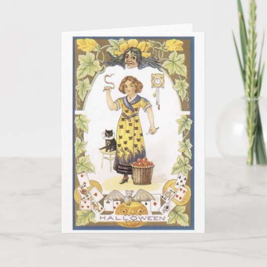 老ファッションドハロウィーン、黒猫の少女 カード (正面)