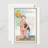 老ファッションドハロウィーン、黒猫を抱えた少年 ポストカード (正面/裏面)
