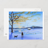 老人と犬の冬の雪絵画の群れ ポストカード (正面/裏面)