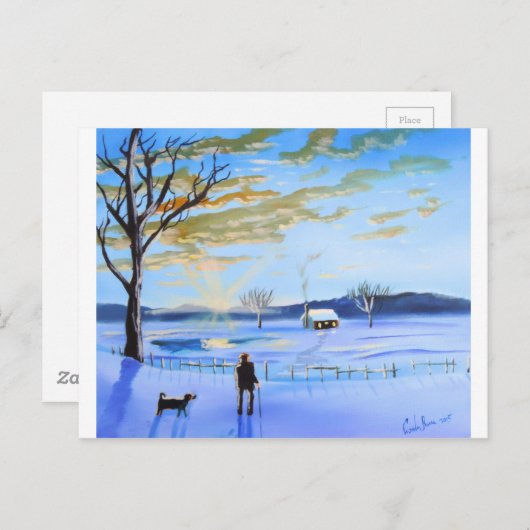 老人と犬の冬の雪絵画の群れ ポストカード (正面/裏面)