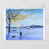 老人と犬の冬の雪絵画の群れ ポストカード (正面)