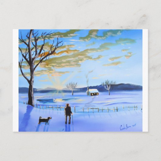 老人と犬の冬の雪絵画の群れ ポストカード (正面)