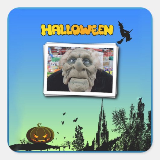 老人の仮面、魔女と飛んでいるハロウィーンのカボチャのちょうちん スクエアシール (正面)