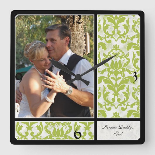 老化させたヴィンテージのダマスク織パターン結婚式の写真 スクエア壁時計 (正面)