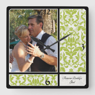 老化させたヴィンテージのダマスク織パターン結婚式の写真 スクエア壁時計