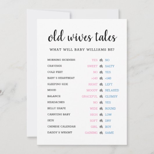 老妻の物語ジェンダーが赤ちゃんのシャワーカードを明らかにする 招待状 (正面)