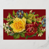 考えのハートのヴィンテージカラフルバラ 箔招待状 (正面)