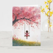 考えの女の子オンさくらんぼツリースイング カード (黄色い花)