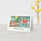 考えの猫とテーブルイラストレーション カード (黄色い花)