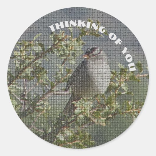 考えるの小さなスズメ写真モザイク鳥 ラウンドシール (正面)