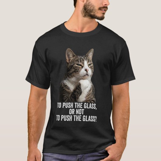 考える面白い猫 - ガラスを押す ロングスリーブ Tシャツ (正面)