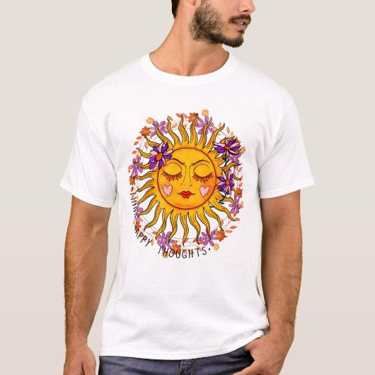 考えHappy Thoughts – 太陽と花前向き Tシャツ (正面)