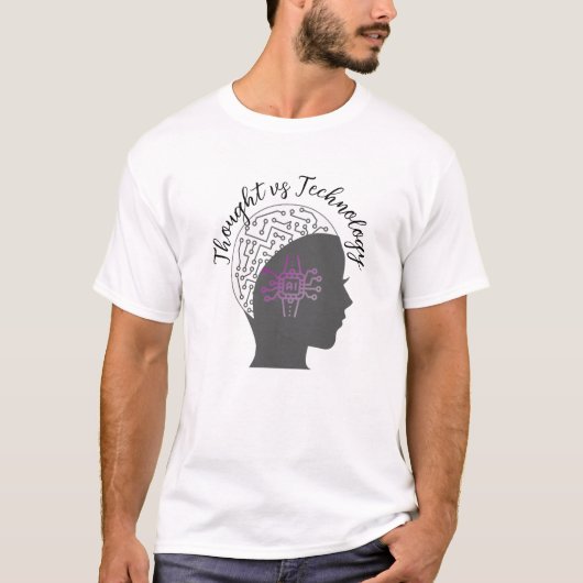 「考えvsテクノロジー」未来的Tシャツ Tシャツ (正面)