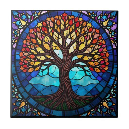 耐用陶磁瓦のステンドガラスの木 タイル (正面)