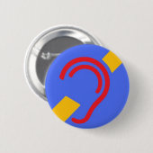 耳が聞こえないのための国際的な記号、赤い、青で黄色い 缶バッジ (正面&裏面)