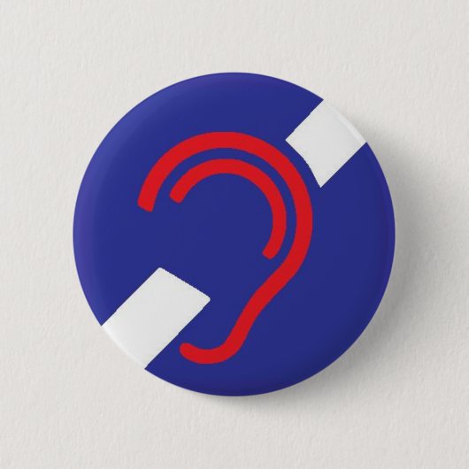 耳が聞こえなく、赤いのための国際的な記号、白及び青 缶バッジ (正面)