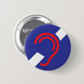 耳が聞こえなく、赤いのための国際的な記号、白及び青 缶バッジ (正面&裏面)