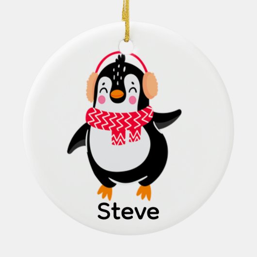 耳すてきマフ付きスカーフのクリスマスペンギン セラミックオーナメント (裏面)