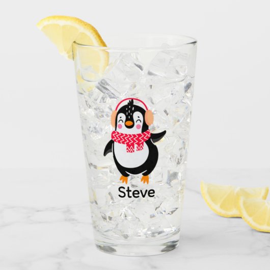 耳すてきマフ付きスカーフのクリスマスペンギン タンブラーグラス (アイス正面)