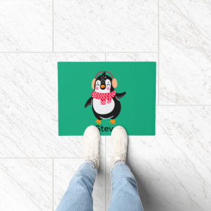 耳すてきマフ付きスカーフのクリスマスペンギン ドアマット