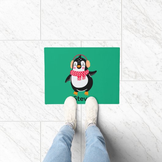 耳すてきマフ付きスカーフのクリスマスペンギン ドアマット (室内)