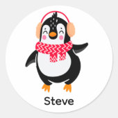 耳すてきマフ付きスカーフのクリスマスペンギン ラウンドシール (正面)