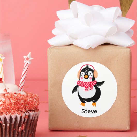 耳すてきマフ付きスカーフのクリスマスペンギン ラウンドシール (パーティー)