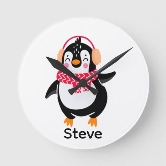 耳すてきマフ付きスカーフのクリスマスペンギン ラウンド壁時計 (正面)