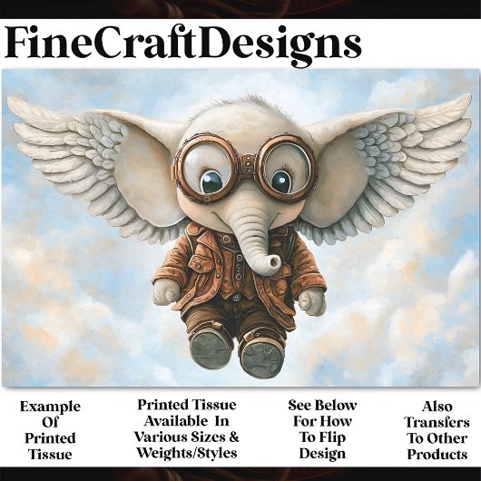 耳の翼AV6デコパージュ付きスチームパンクゾウ 薄葉紙