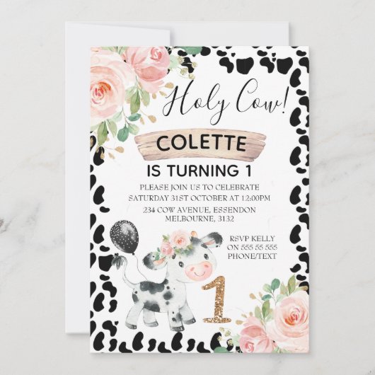 聖い牛のフローラと牛のプリントの最初の誕生日の招待 招待状 (正面)