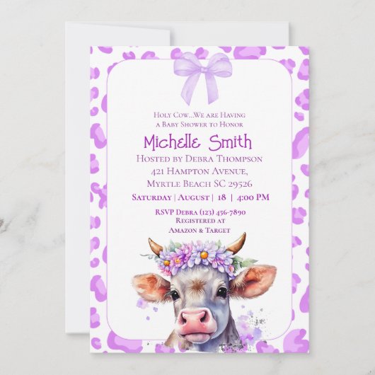 聖い牛のフローラ紫の赤ちゃんシャワー 招待状 (正面)