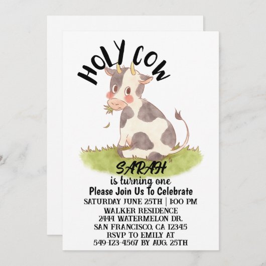 聖い牛の女の子が1枚の誕生日カードを回している サンキューカード (正面/裏面)